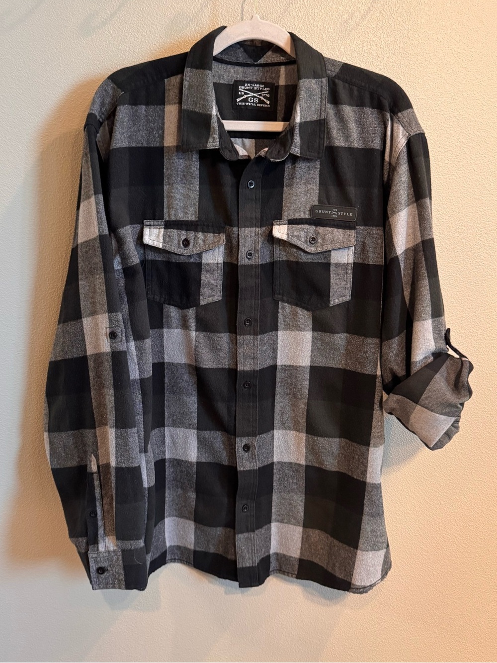 Grunt Style Men’s Black and Gray Plaid Flannel Button-Down Shirt